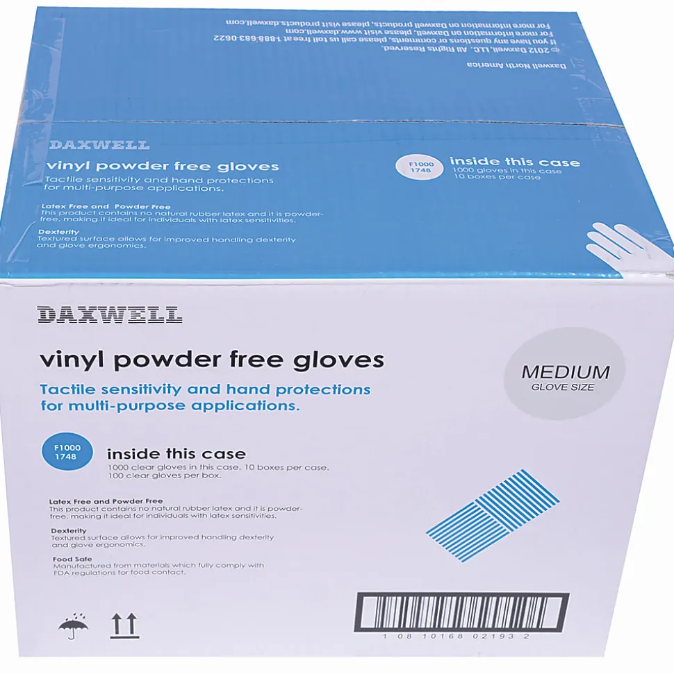 Daxwell Vinyl Gloves, Medium, Clear, 100 Gloves Per Pack, Box Of 10 Packs