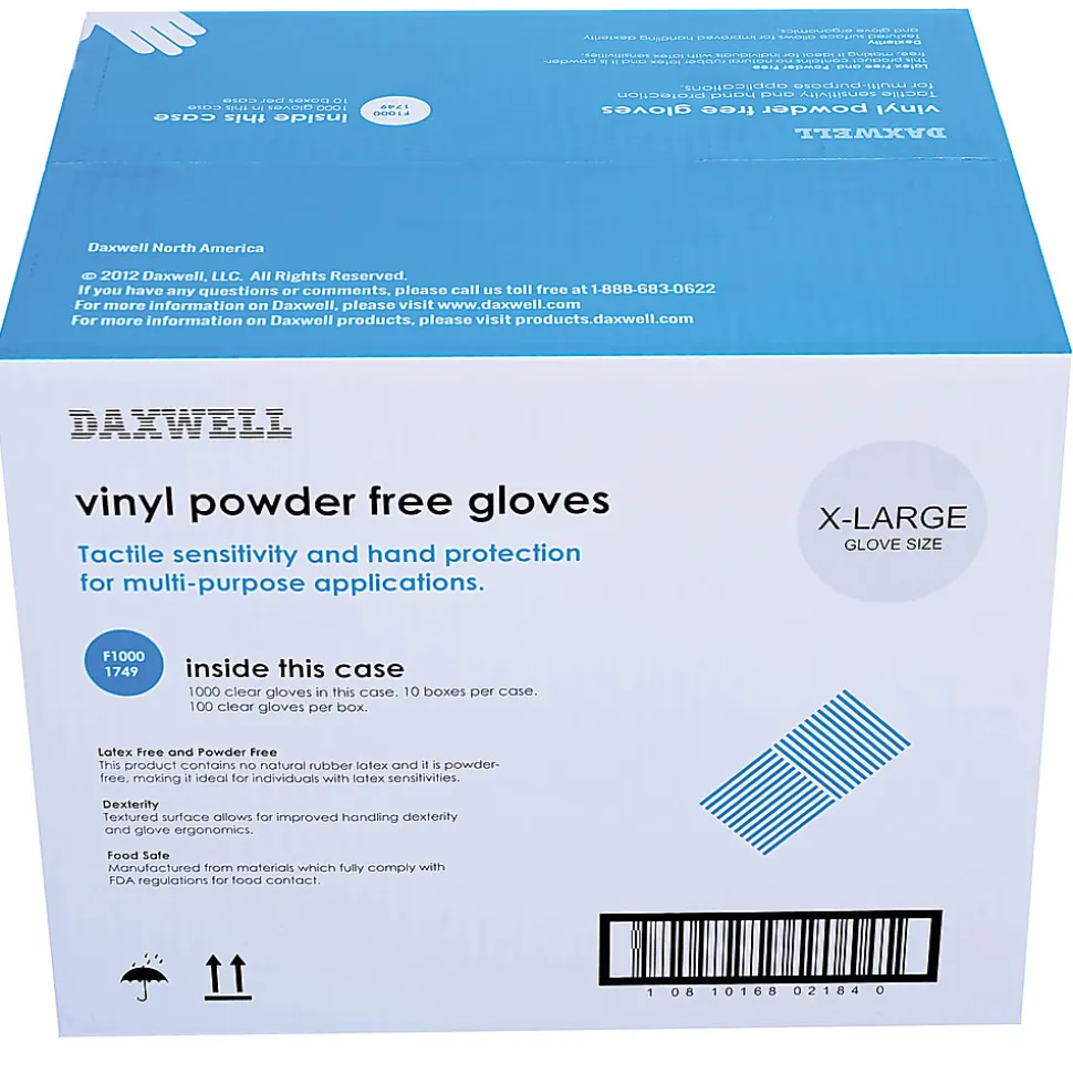 Daxwell Vinyl Gloves, X-Large, Clear, 100 Gloves Per Pack, Box Of 10 Packs