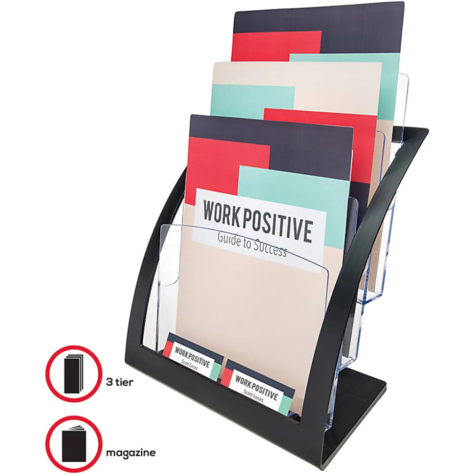 Deflecto® Contemporary Literature Holder, 3 Magazine Size Compartments 13 5/16"H x 11 1/4"W x 6 15/16"D, Black/Clear
