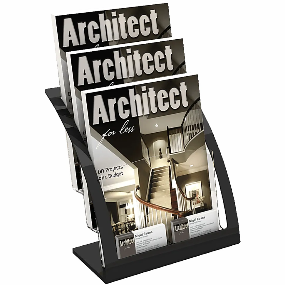 Deflecto® Contemporary Literature Holder, 3 Magazine Size Compartments 13 5/16"H x 11 1/4"W x 6 15/16"D, Black/Clear