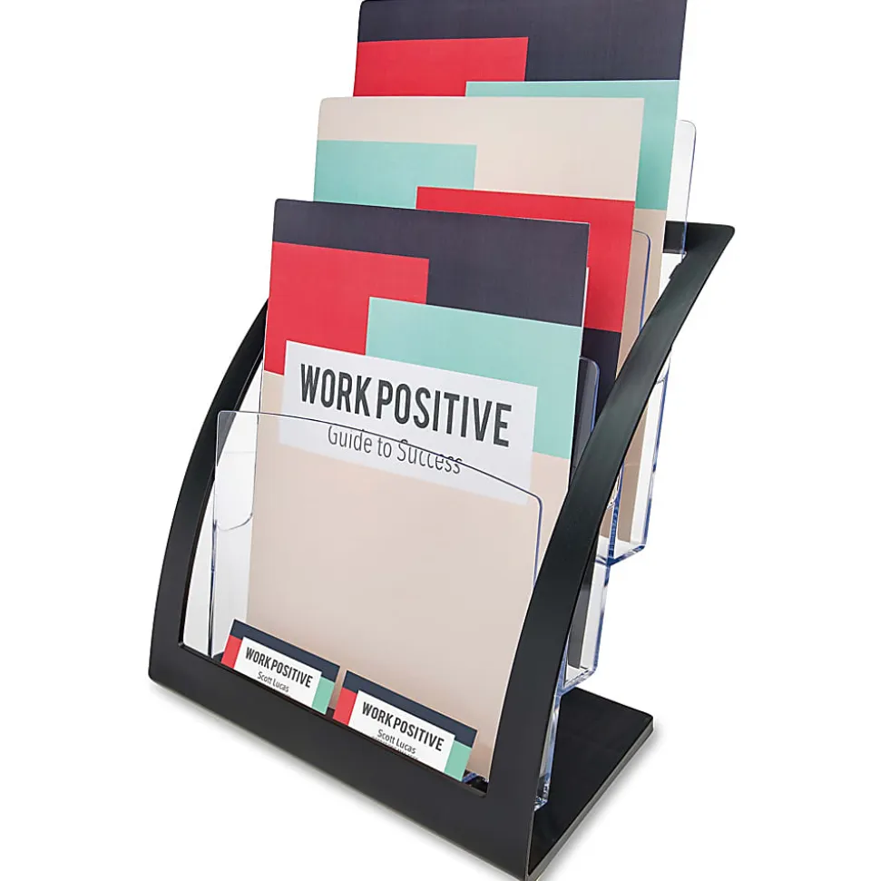 Deflecto® Contemporary Literature Holder, 3 Magazine Size Compartments 13 5/16"H x 11 1/4"W x 6 15/16"D, Black/Clear