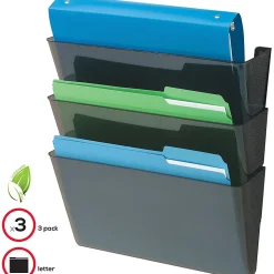 Deflecto DocuPocket Letter Size Wall Files, 19"H x 13"W x 4"D, 50% Recycled, Black, Pack Of 3 Wall Files