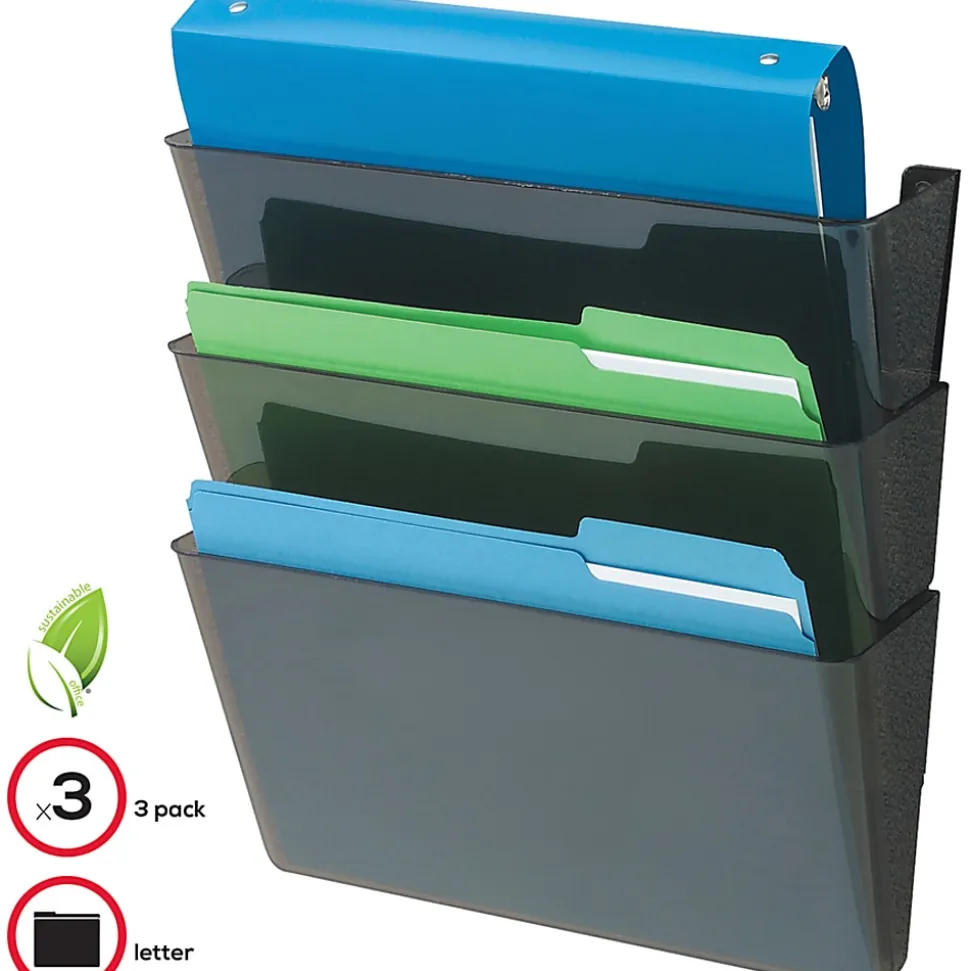 Deflecto DocuPocket Letter Size Wall Files, 19"H x 13"W x 4"D, 50% Recycled, Black, Pack Of 3 Wall Files