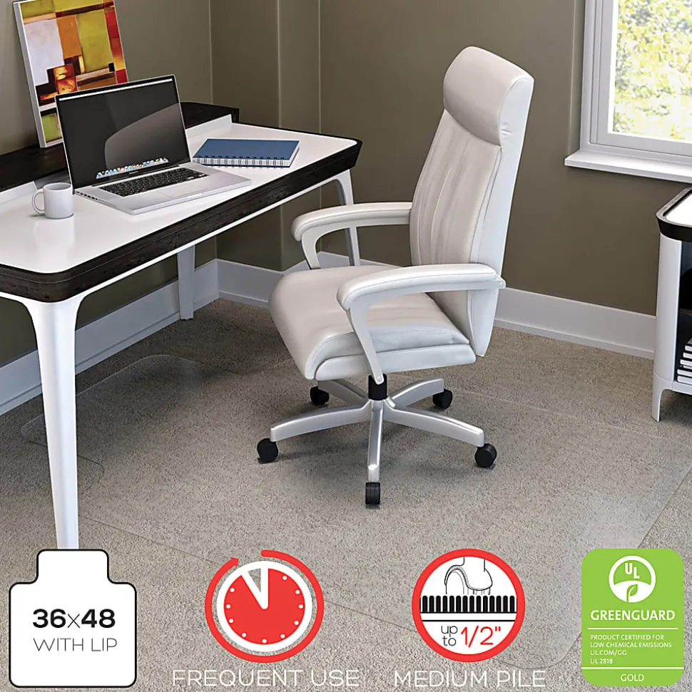 Deflecto® Glass Clear Chair Mat, For Medium Pile Carpets, With Lip, 36" x 48", Clear