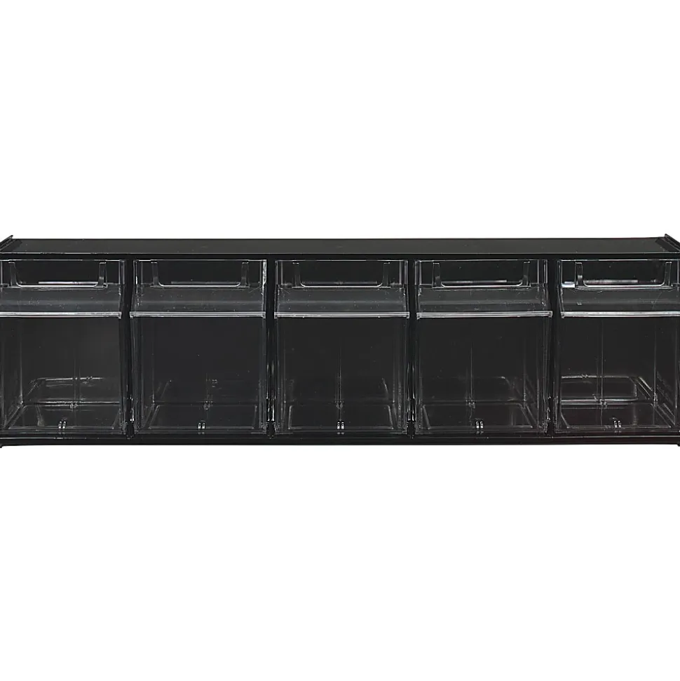 Deflecto Interlocking Horizontal Tilt Bin, 5 Bins, Small Size, 5 1/4" x 23 5/8" x 6 1/2", Black/Clear
