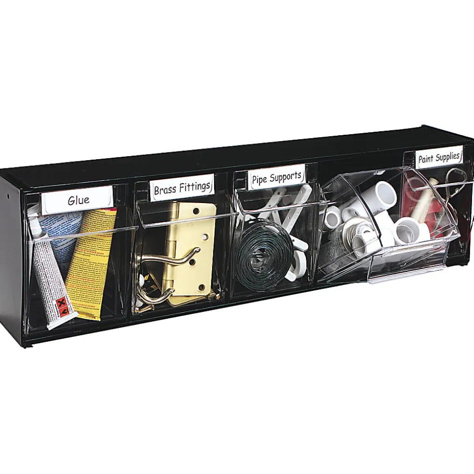 Deflecto Interlocking Horizontal Tilt Bin, 5 Bins, Small Size, 5 1/4" x 23 5/8" x 6 1/2", Black/Clear
