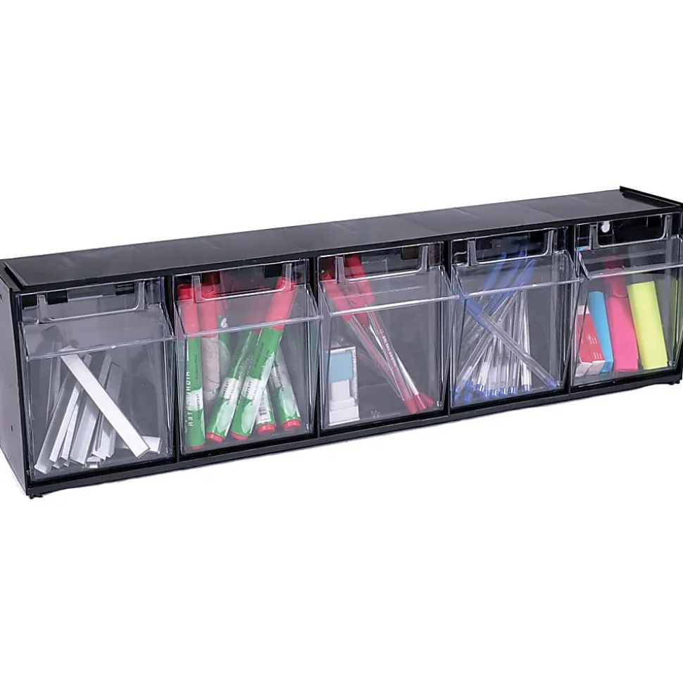 Deflecto Interlocking Horizontal Tilt Bin, 5 Bins, Small Size, 5 1/4" x 23 5/8" x 6 1/2", Black/Clear