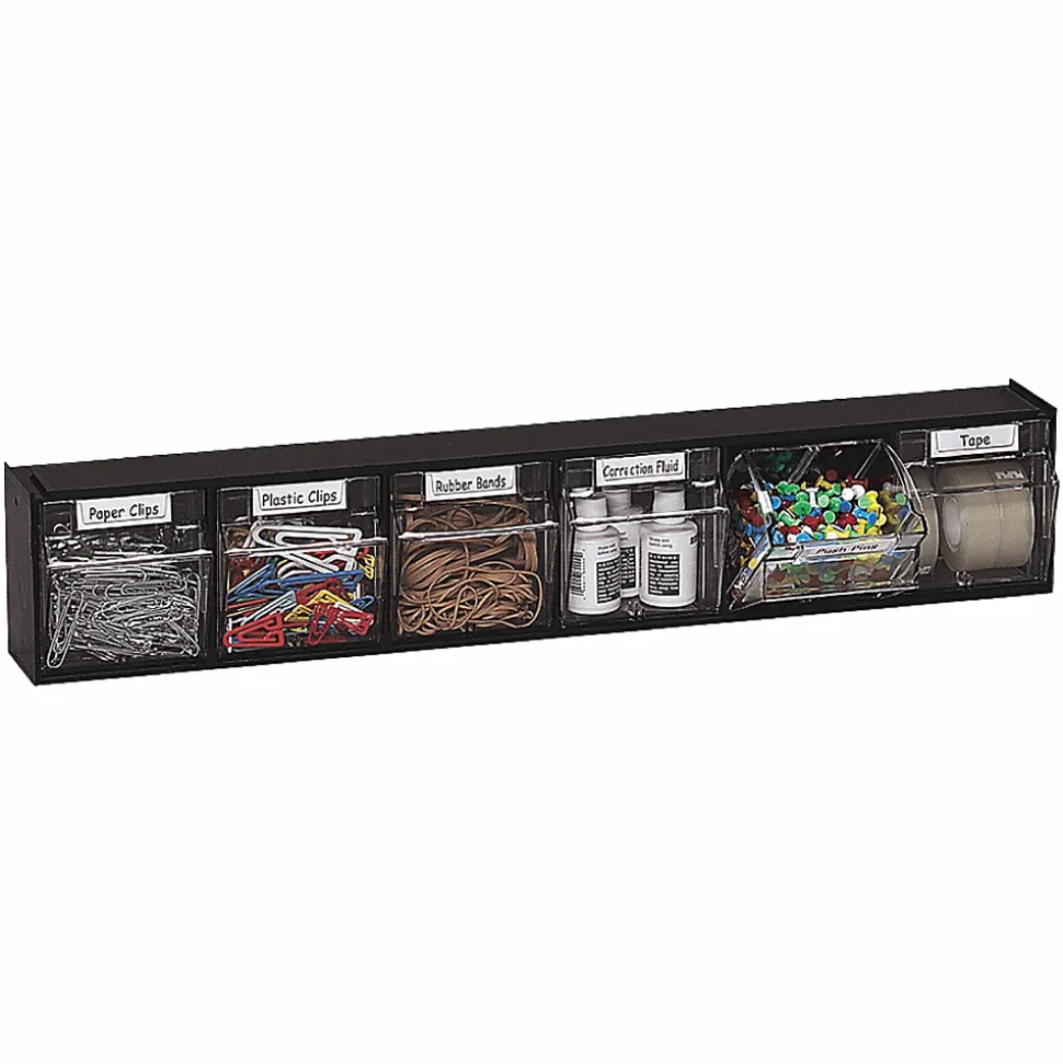 Deflecto Interlocking Horizontal Tilt Bin, 6 Bins, Small Size, 4 1/2" x 23 5/8" x 3 5/8", Black/Clear