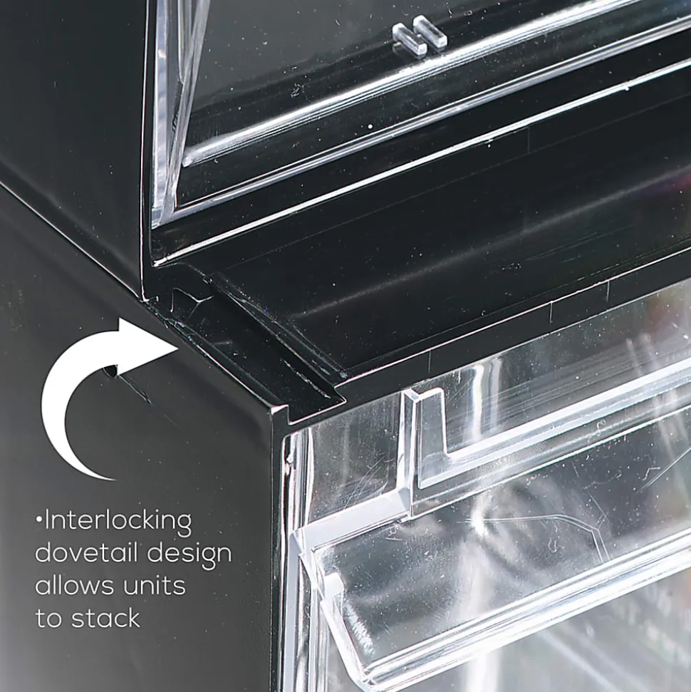 Deflecto Interlocking Horizontal Tilt Bin, 6 Bins, Small Size, 4 1/2" x 23 5/8" x 3 5/8", Black/Clear