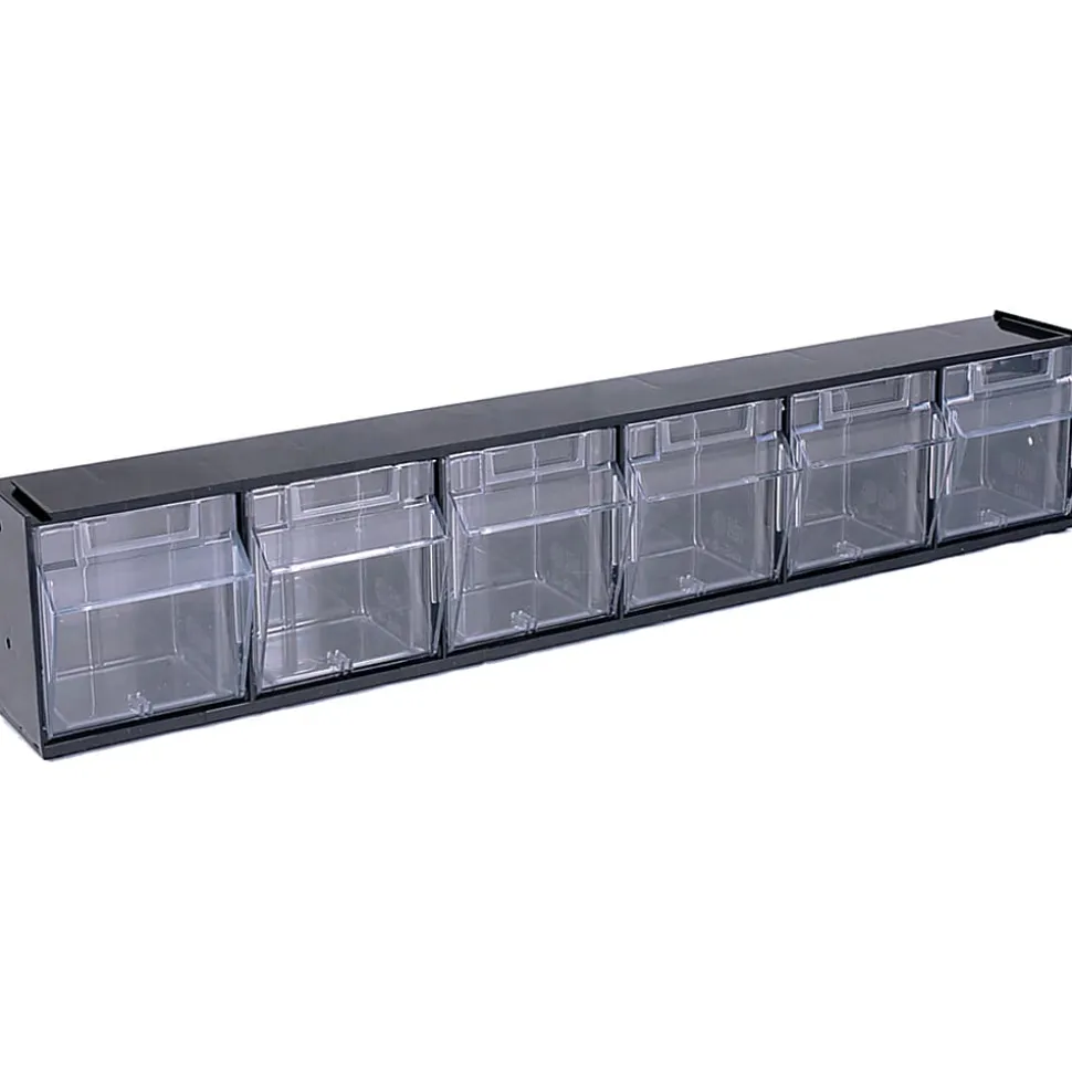 Deflecto Interlocking Horizontal Tilt Bin, 6 Bins, Small Size, 4 1/2" x 23 5/8" x 3 5/8", Black/Clear