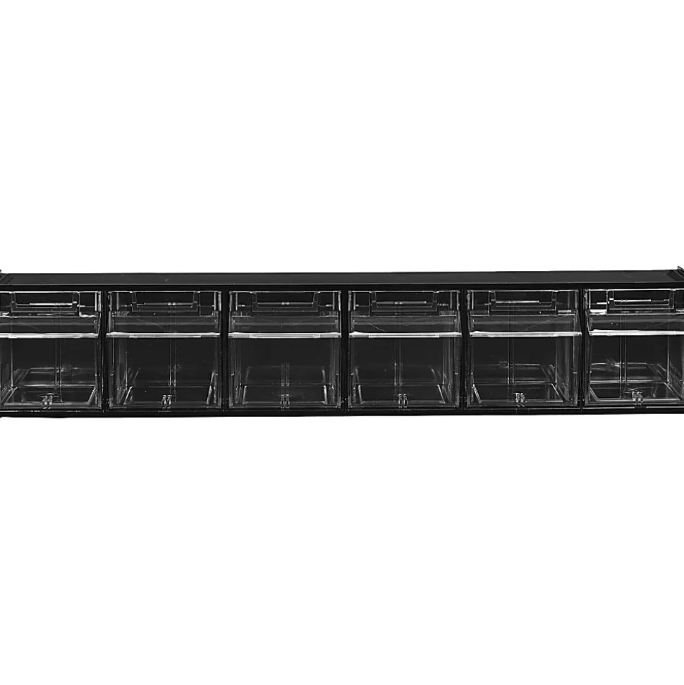 Deflecto Interlocking Horizontal Tilt Bin, 6 Bins, Small Size, 4 1/2" x 23 5/8" x 3 5/8", Black/Clear