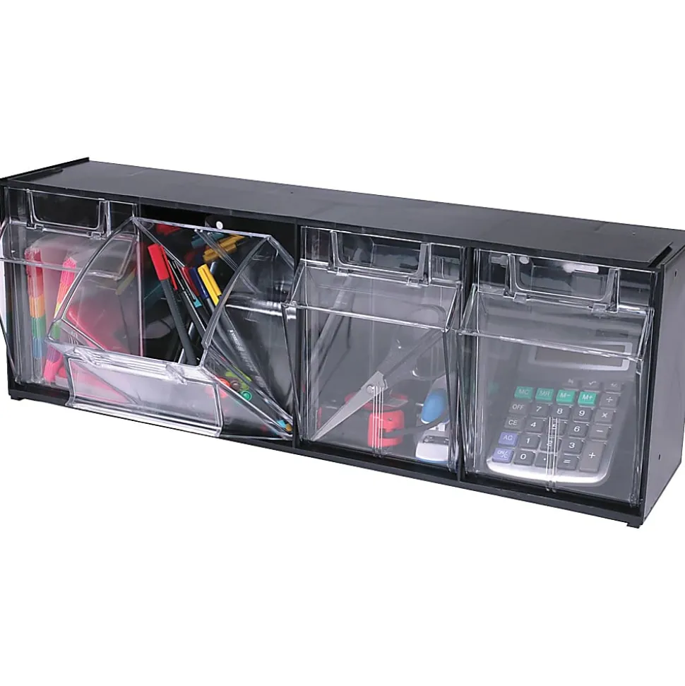 Deflecto Interlocking Horizontal Tilt Bin, 4 Bins, Medium Size, 8 1/8" x 23 5/8" x 6 5/8", Black/Clear