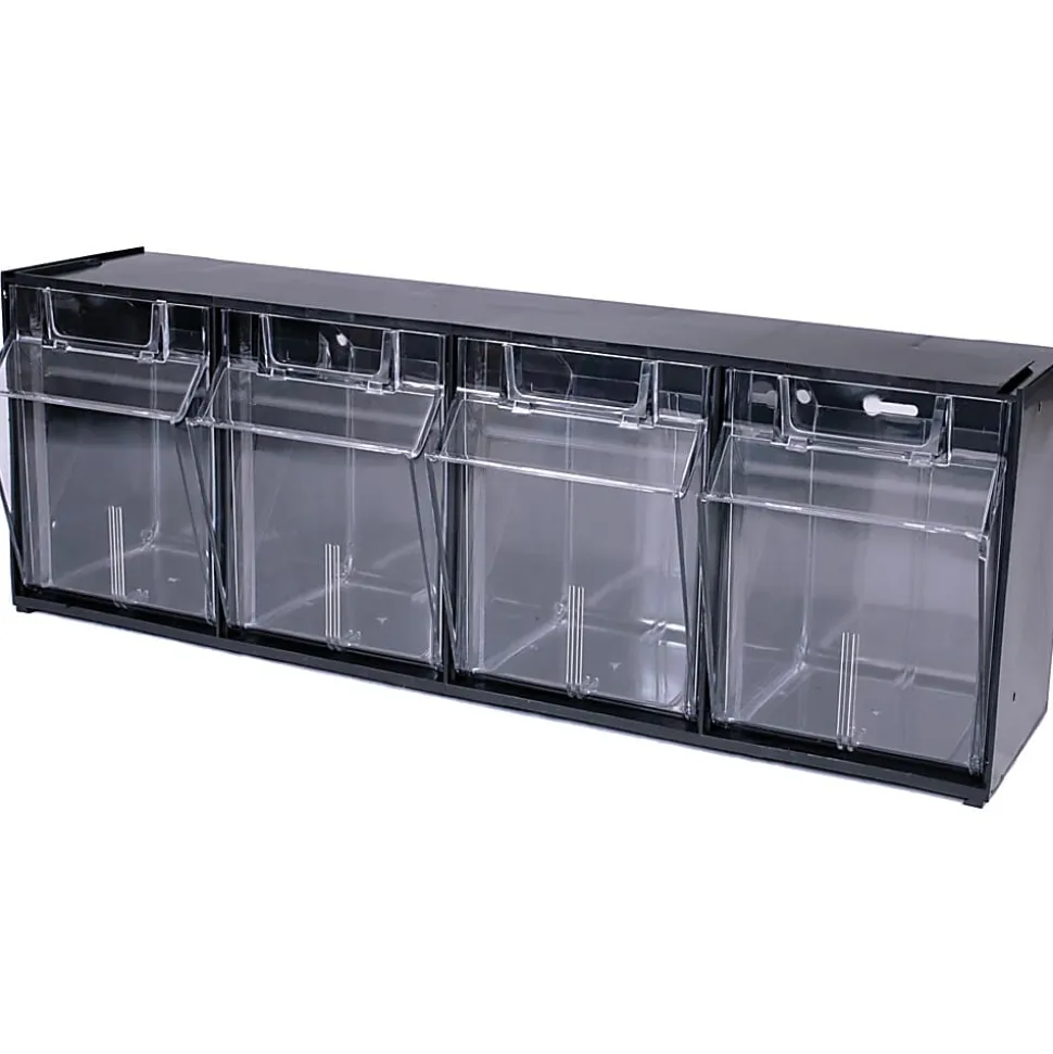 Deflecto Interlocking Horizontal Tilt Bin, 4 Bins, Medium Size, 8 1/8" x 23 5/8" x 6 5/8", Black/Clear