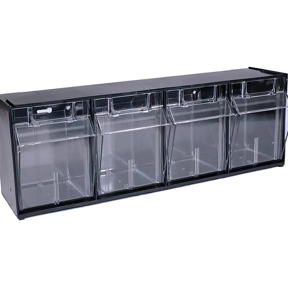 Deflecto Interlocking Horizontal Tilt Bin, 4 Bins, Medium Size, 8 1/8" x 23 5/8" x 6 5/8", Black/Clear
