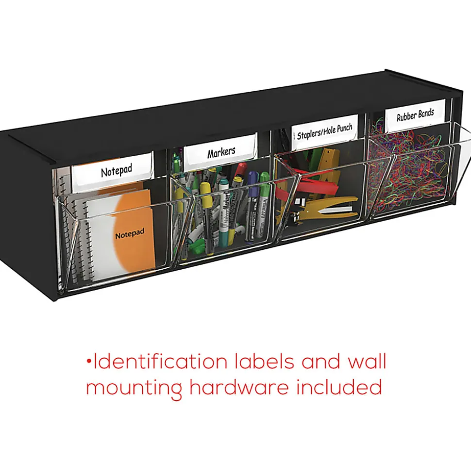 Deflecto Interlocking Horizontal Tilt Bin, 4 Bins, Medium Size, 8 1/8" x 23 5/8" x 6 5/8", Black/Clear