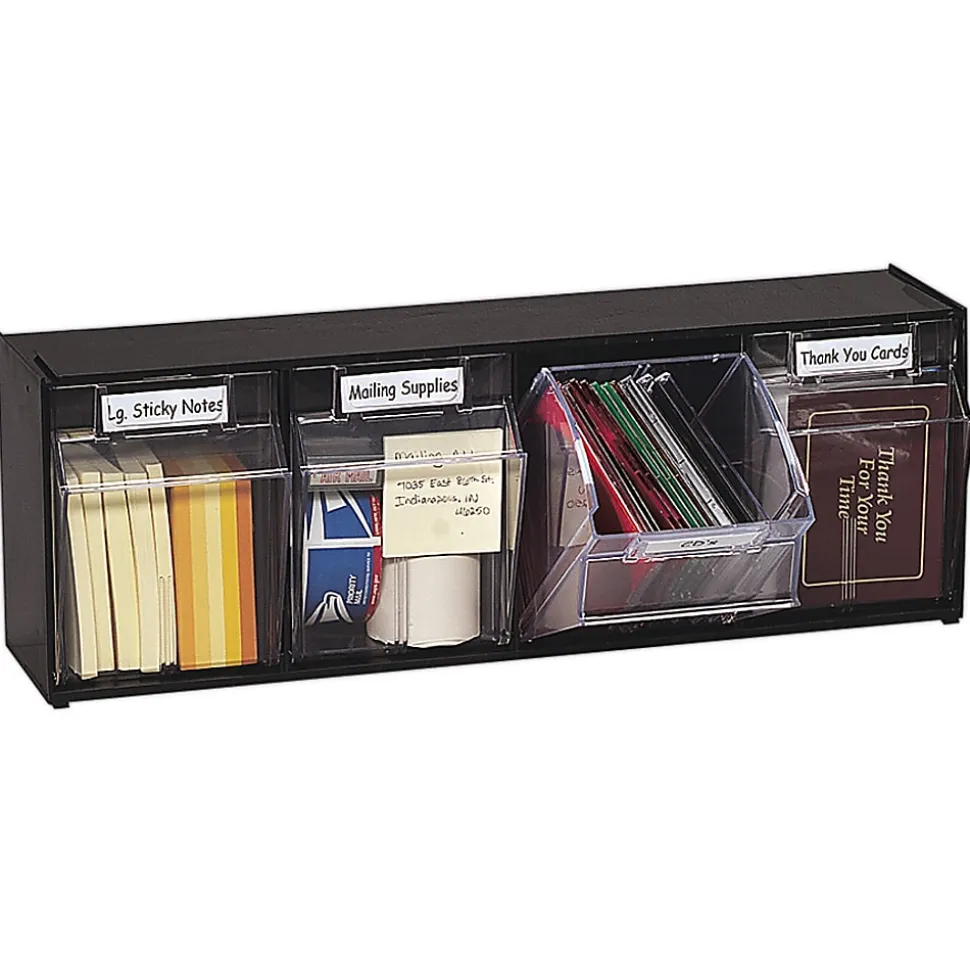 Deflecto Interlocking Horizontal Tilt Bin, 4 Bins, Medium Size, 8 1/8" x 23 5/8" x 6 5/8", Black/Clear