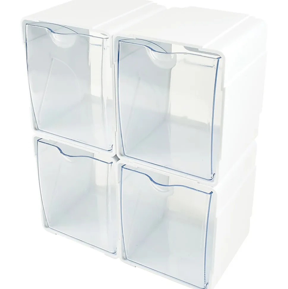 Deflecto Interlocking Tilt Bins, 5-1/2”H x 4-3/4”W x 4-7/8”D, Clear/White, Pack Of 4 Bins