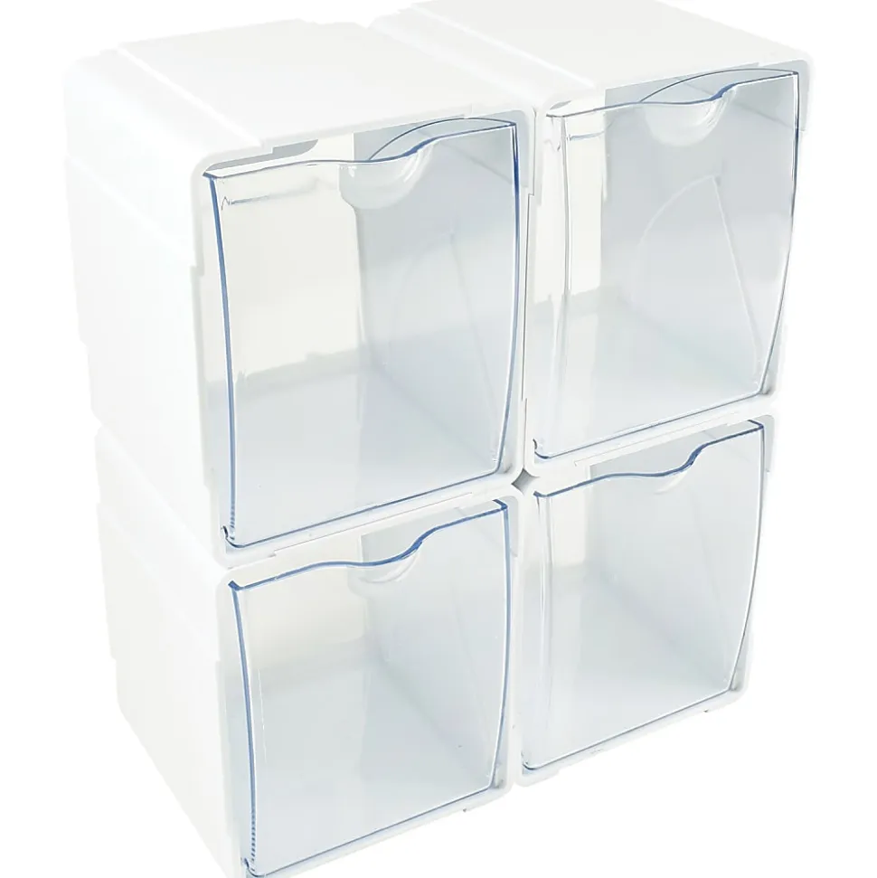 Deflecto Interlocking Tilt Bins, 5-1/2”H x 4-3/4”W x 4-7/8”D, Clear/White, Pack Of 4 Bins