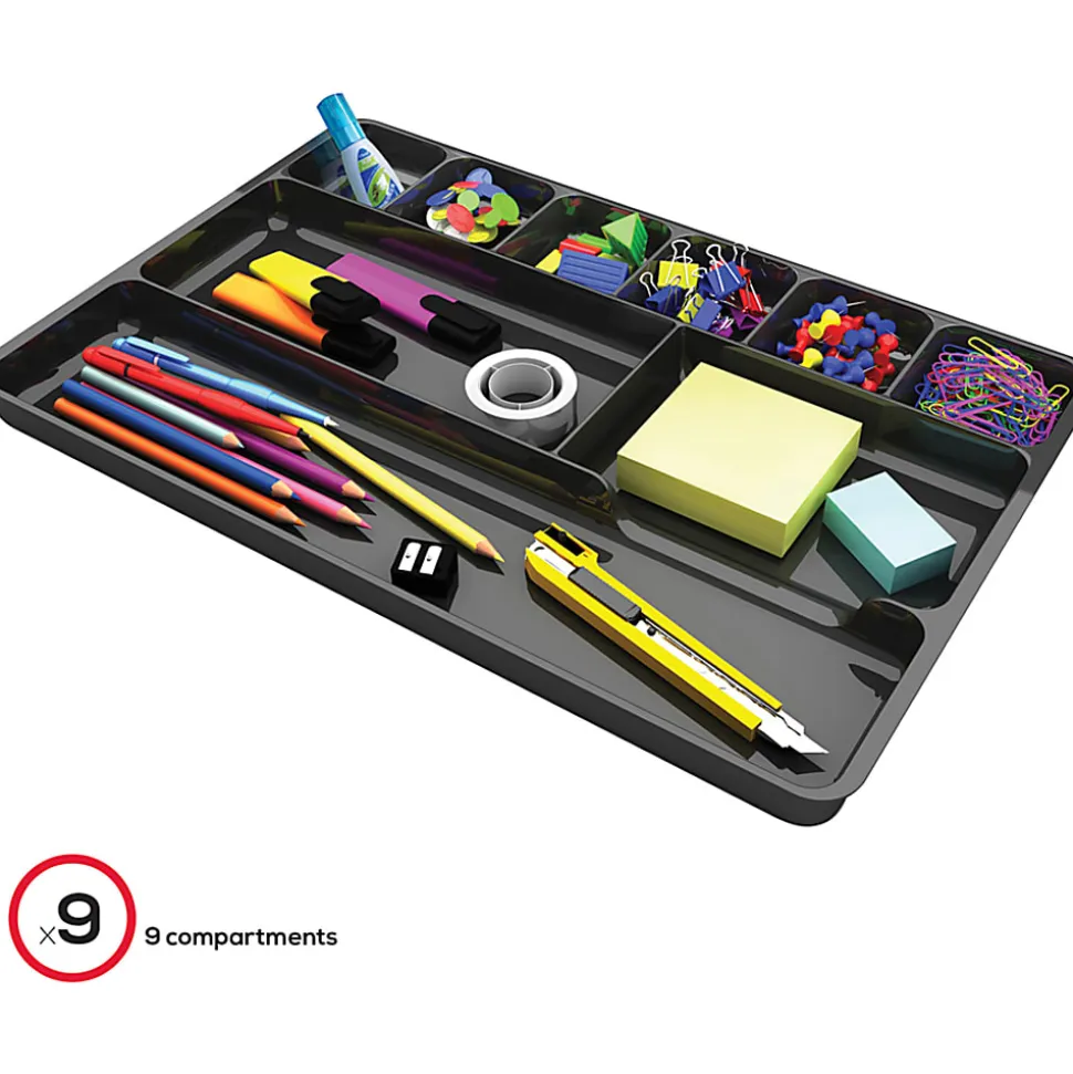 Deflecto Plastic Desk Drawer Organizer, 1"H x 14"W x 9"D, Black