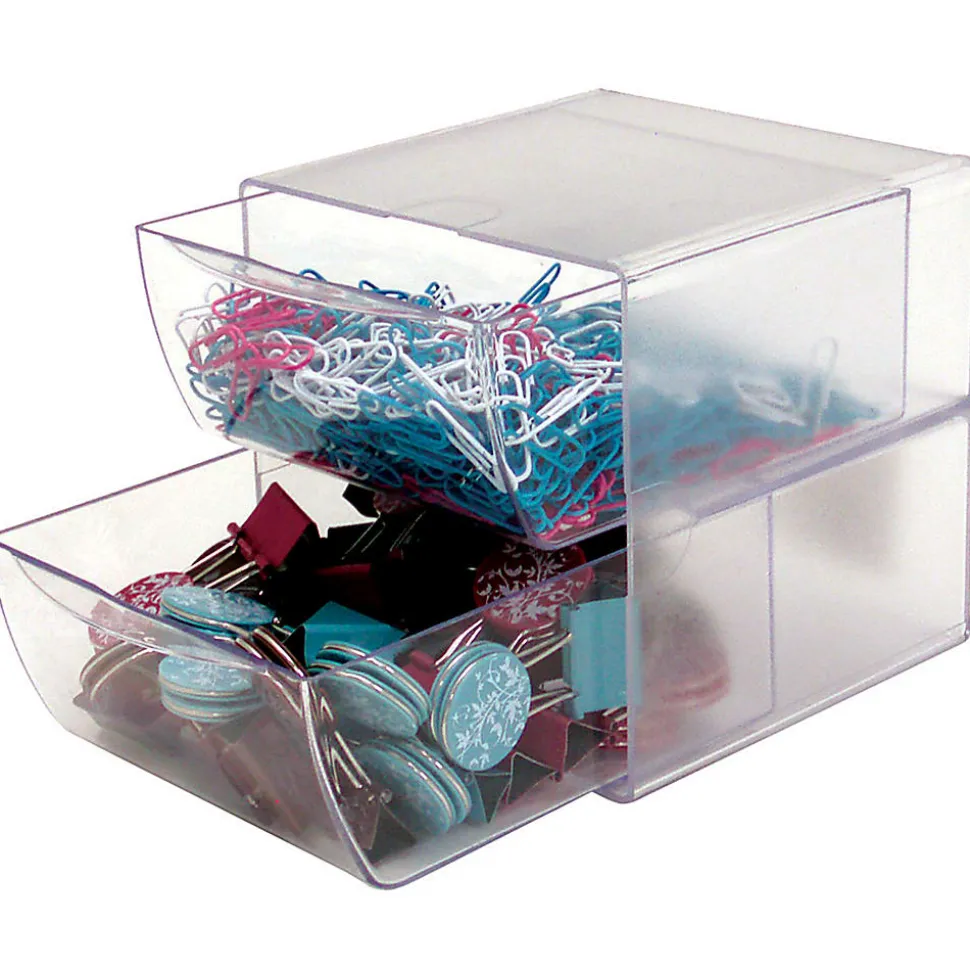 Deflecto Stackable Cube With 2 Drawers, 6"H x 6"W x 7 1/8"D, Clear