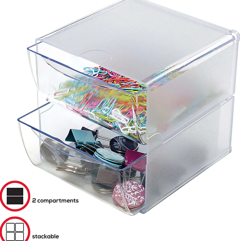 Deflecto Stackable Cube With 2 Drawers, 6"H x 6"W x 7 1/8"D, Clear