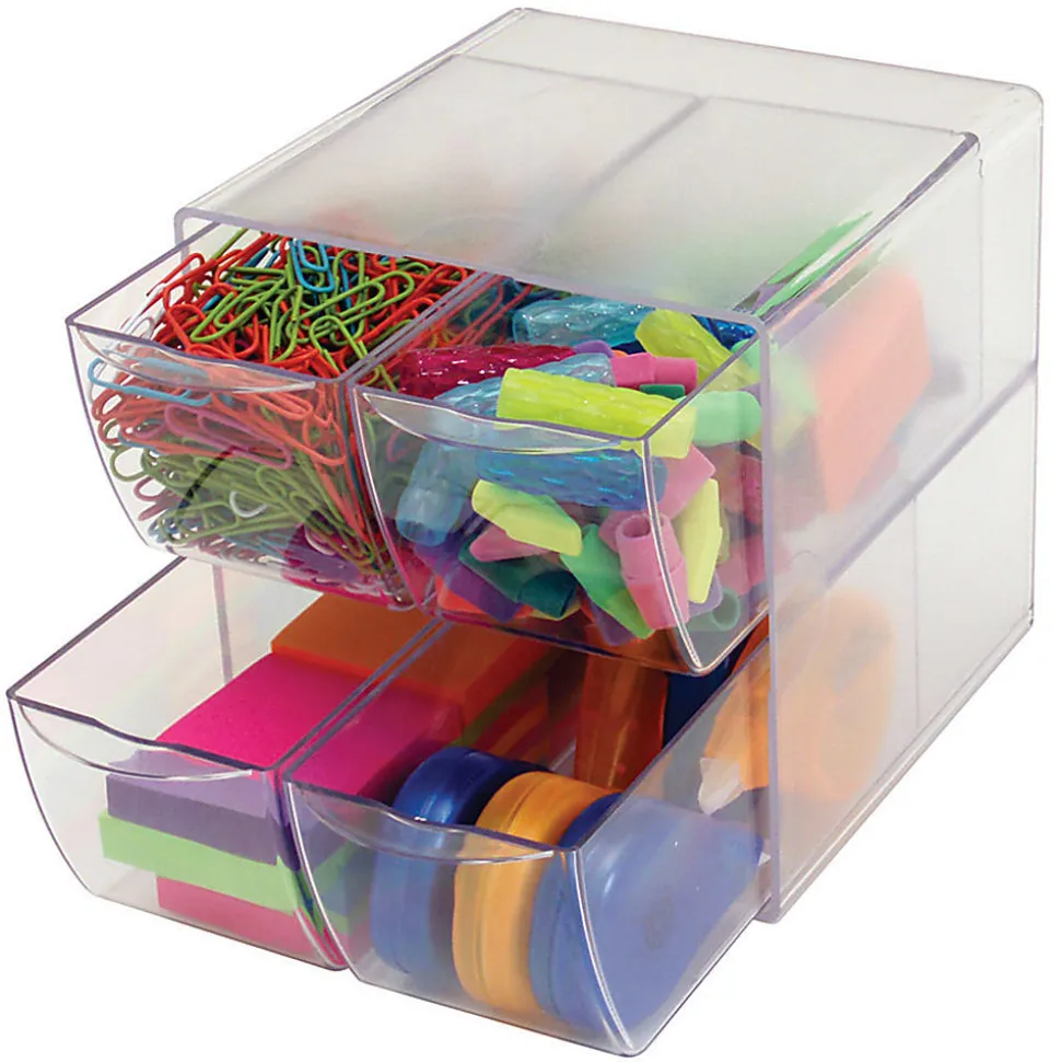 Deflecto Stackable Cube With 4 Drawers, 6"H x 6"W x 7 1/8"D, Clear
