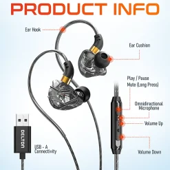 Delton 31E Ergonomic USB Computer Earbuds, Black, DWH31EBK