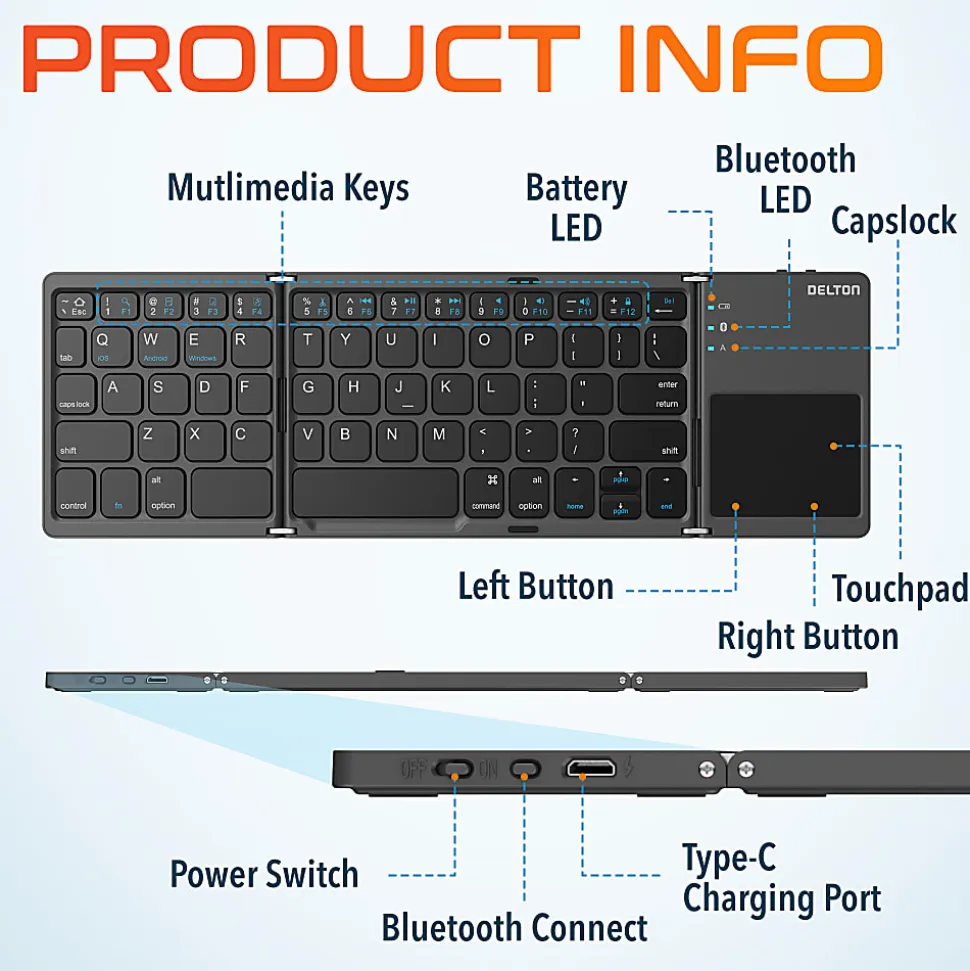 Delton F75 Small Wireless Foldable Portable Keyboard And Touchpad, Black