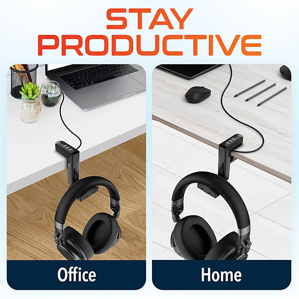 Delton HS7 Headset Holder And USB Charging Hub, 6"H x 1-1/2"W x 7"D, White