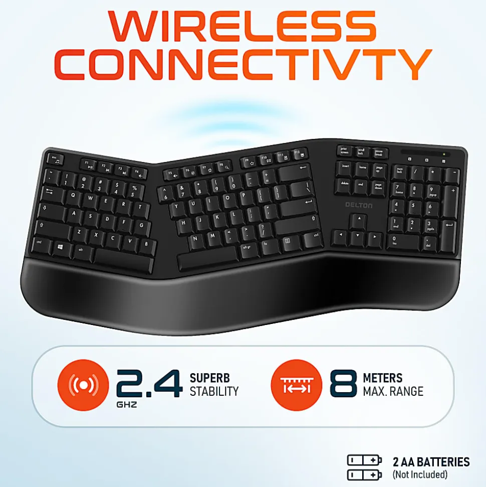 Delton KB200 Ergonomic Wrist Rest Wireless Keyboard With USB Dongle, Black