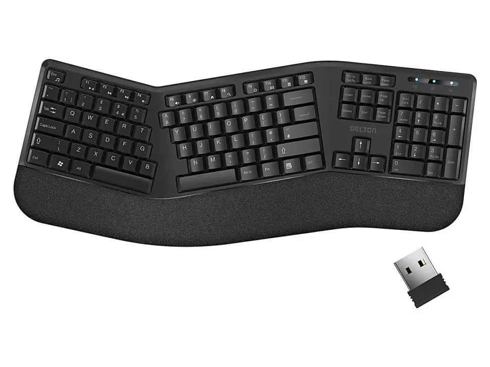 Delton KB200 Ergonomic Wrist Rest Wireless Keyboard With USB Dongle, Black