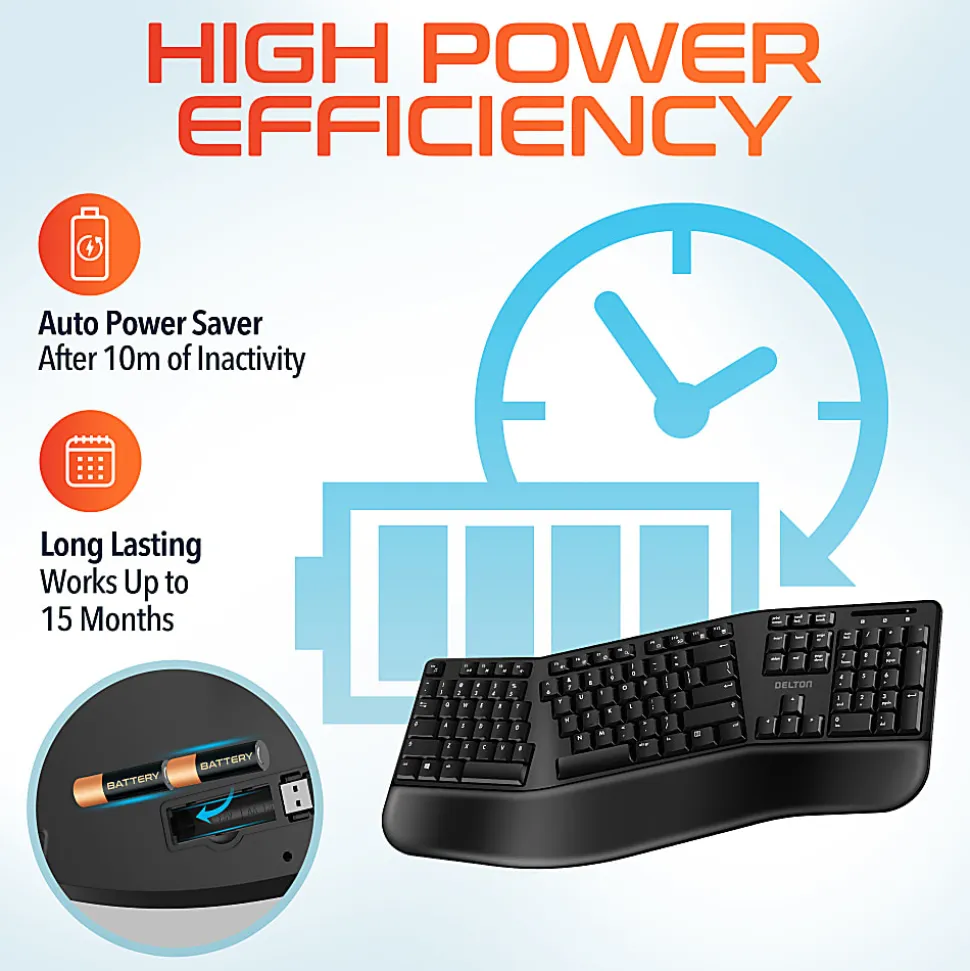 Delton KB200 Ergonomic Wrist Rest Wireless Keyboard With USB Dongle, Black