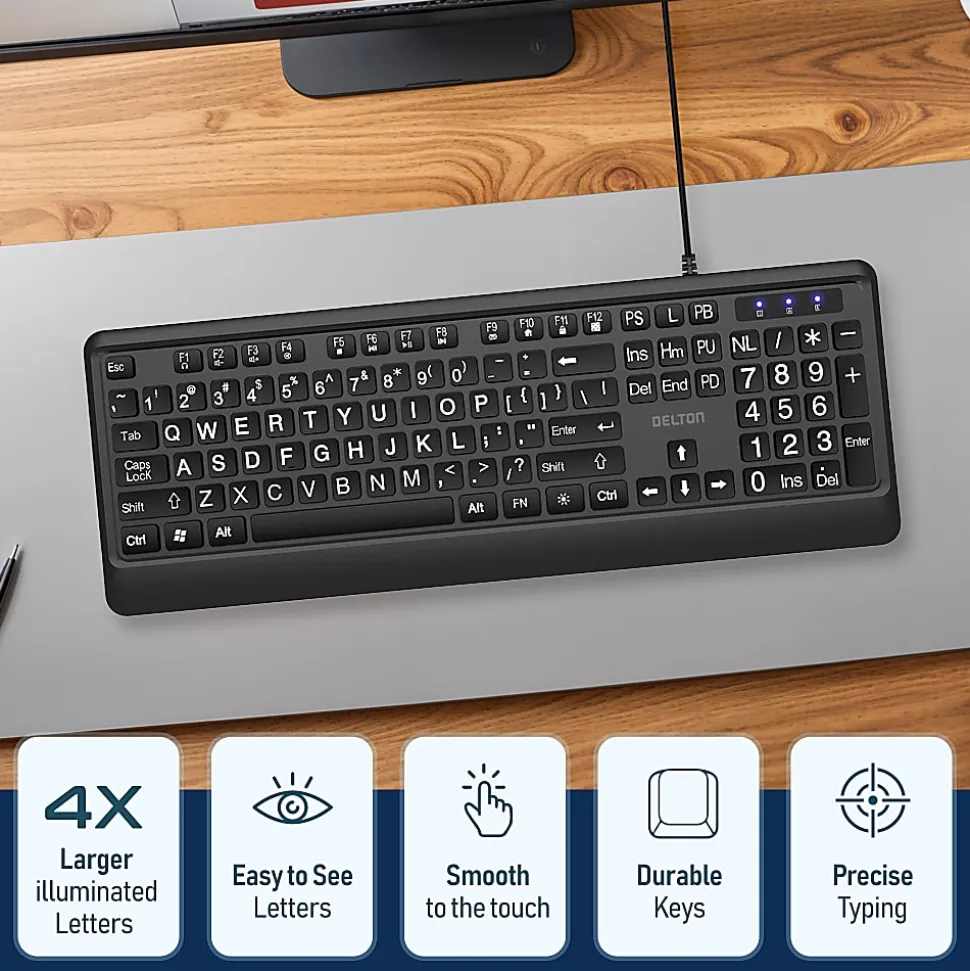 Delton KB20 Large Print Big Key Backlit Wired Keyboard, Black