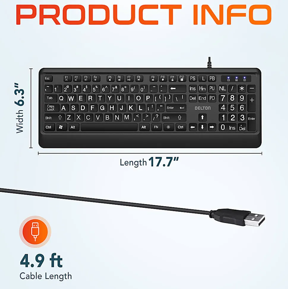 Delton KB20 Large Print Big Key Backlit Wired Keyboard, Black
