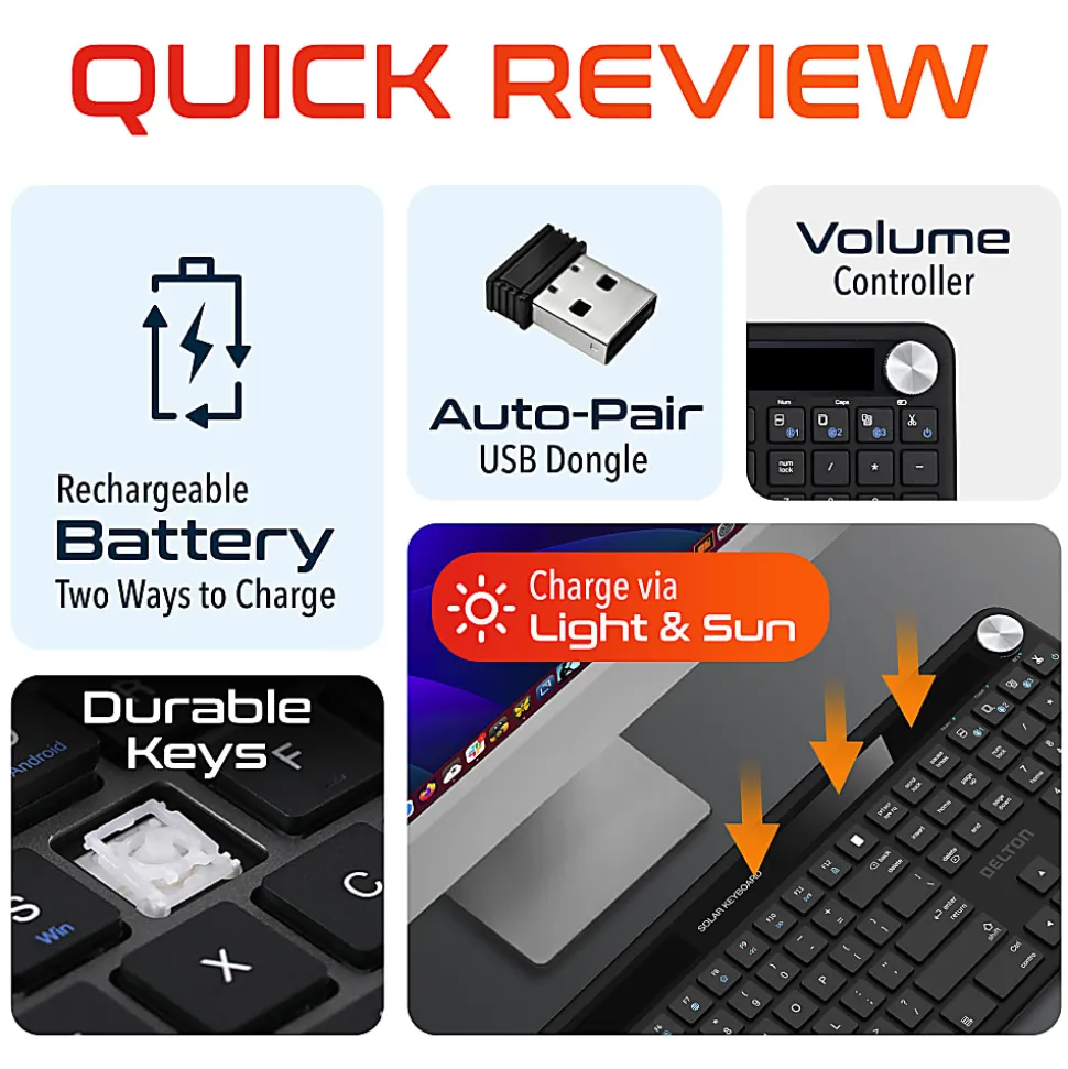 Delton KB90 Wireless Rechargeable Solar Powered Keyboard, Black