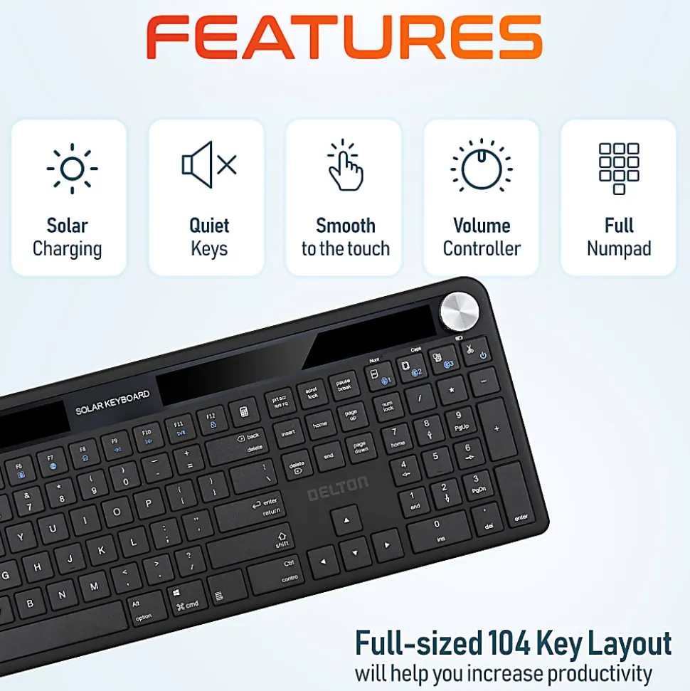 Delton KB90 Wireless Rechargeable Solar Powered Keyboard, Black