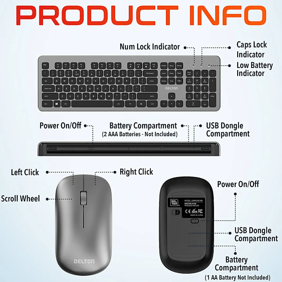 Delton K100 Wireless Computer Keyboard And Mouse Set, Black