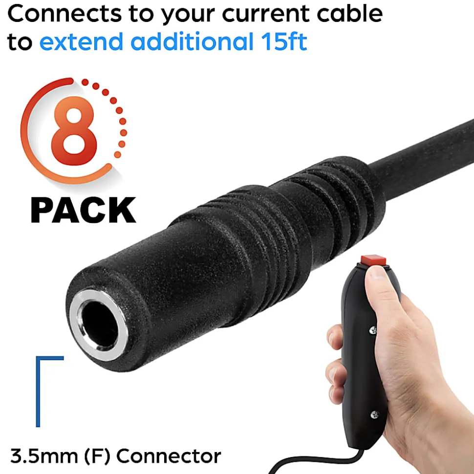 Digital Energy Extension Cables For Handheld Game Buzzer System, 15', Black, Pack Of 8 Cables, DEFT-1755