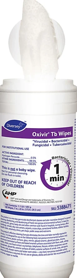 Diversey Oxivir TB Disinfectant Wipes, 8" x 7", 60 Wipes Per Container, Pack Of 12 Containers