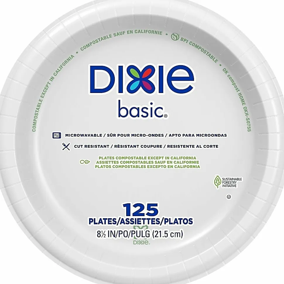 Dixie Basic® 8-1/2" Lightweight Paper Plates by GP Pro - Microwave Safe - 8.5" Diameter - White - Paper Body - 125/Pack - 4 / Carton