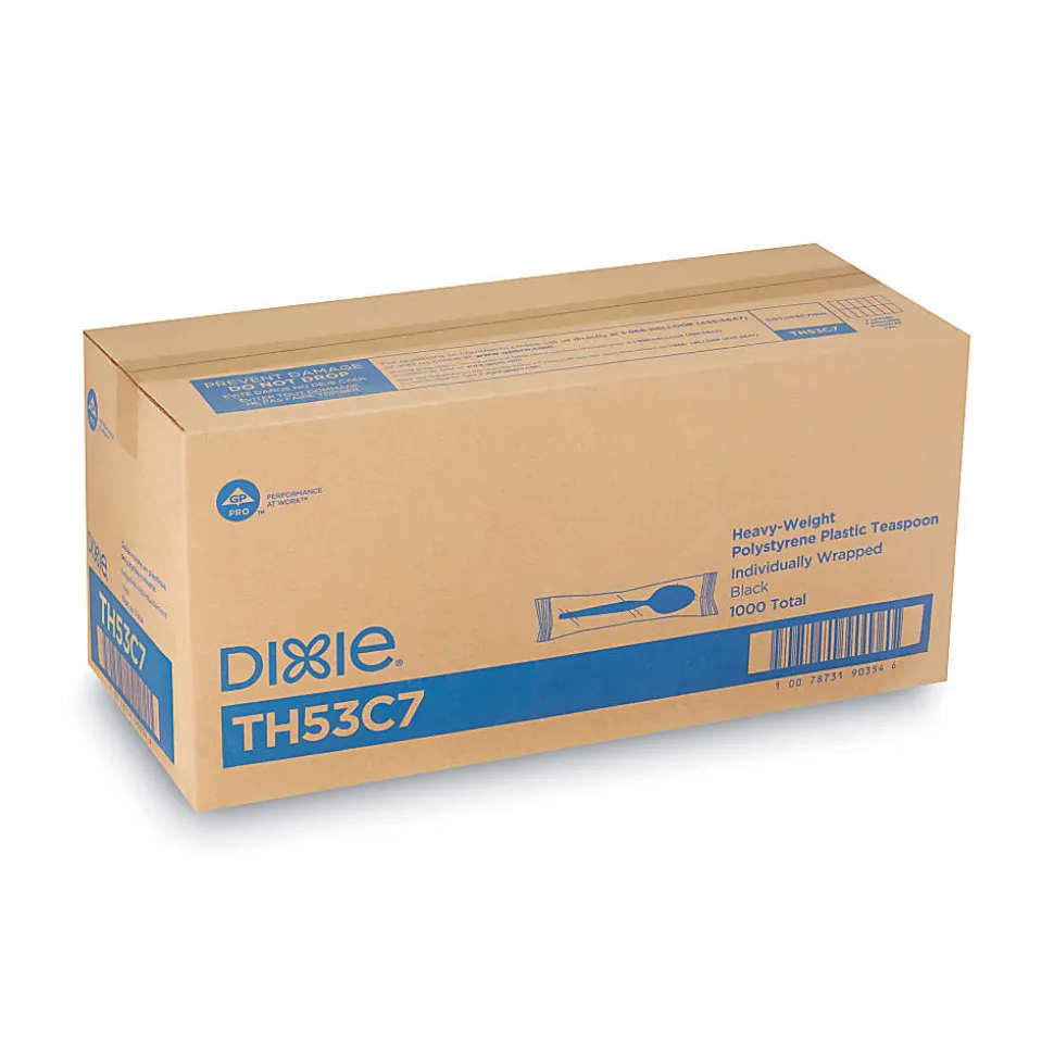 Dixie® Individually Wrapped Polystyrene Heavyweight Cutlery, Teaspoons, Black, Carton Of 1,000 Teaspoons