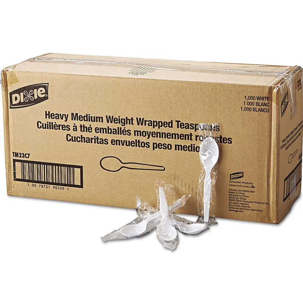 Dixie® Individually Wrapped Polystyrene Teaspoons, White, Pack Of 1,000