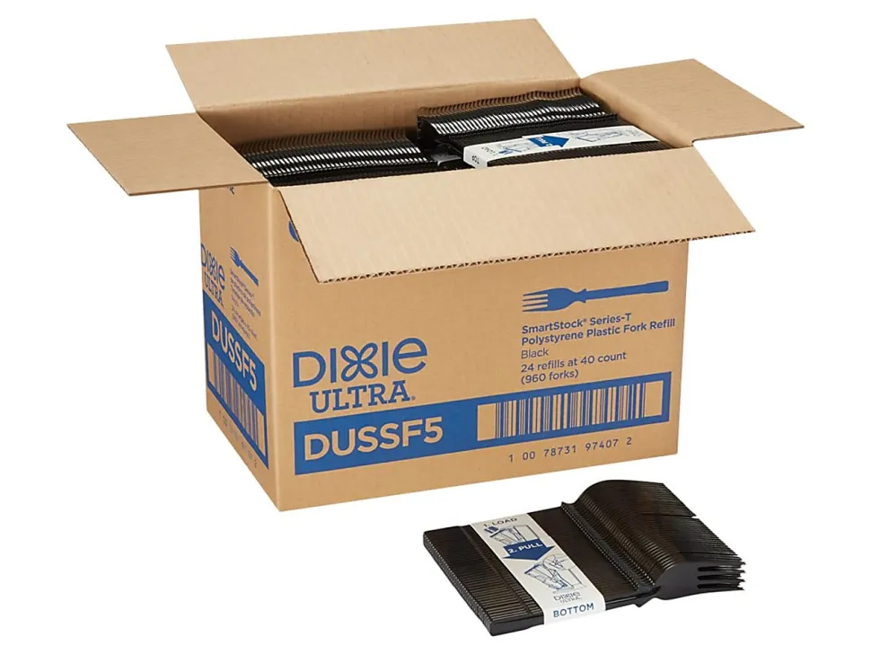 Dixie Ultra® SmartStock® T-Series Polystyrene Disposable Fork Refills, 6.45"L, Black, 40 Forks Per Pack, 24 Packs Per Case, 960 Forks