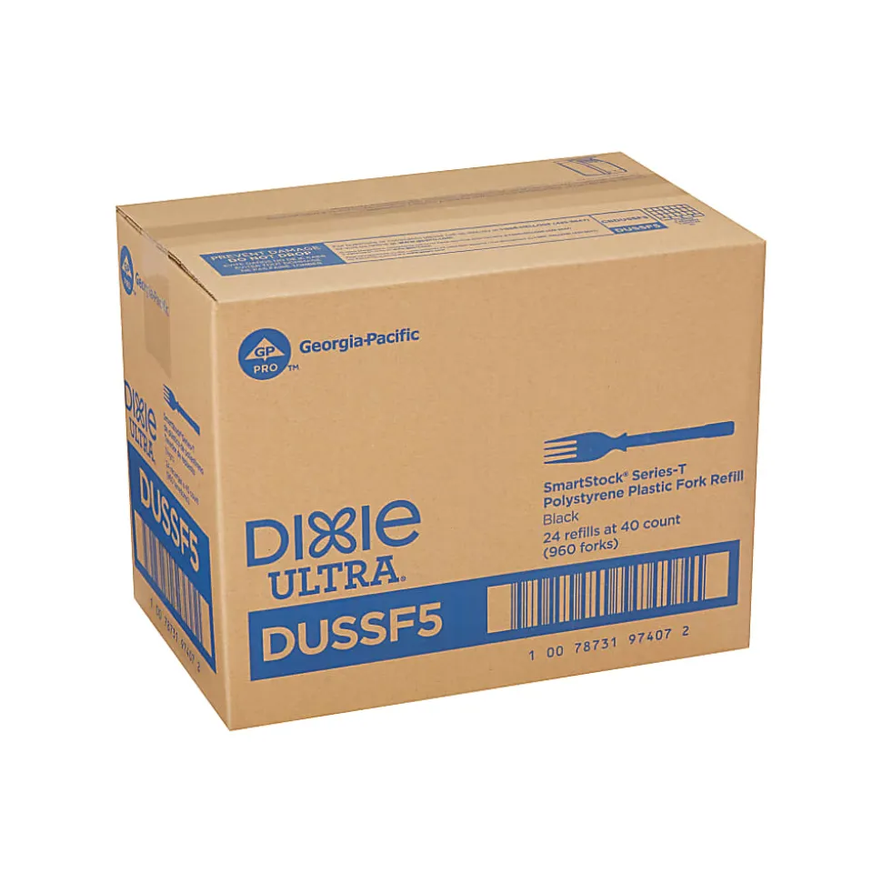 Dixie Ultra® SmartStock® T-Series Polystyrene Disposable Fork Refills, 6.45"L, Black, 40 Forks Per Pack, 24 Packs Per Case, 960 Forks