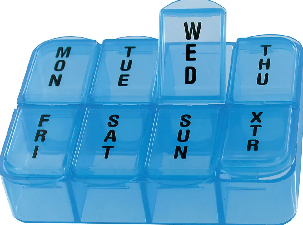 DM Merchandising The Pill Pack Weekly Pill Organizer, 1"H x 3-3/4"W x 2-13/16"D, Assorted Colors