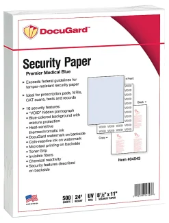 DocuGard Premier Medical 10 Medical Prescription Papers And Business Checks, Letter Size (8 1/2" x 11"), Ream Of 500 Sheets, 1-Part, Blue