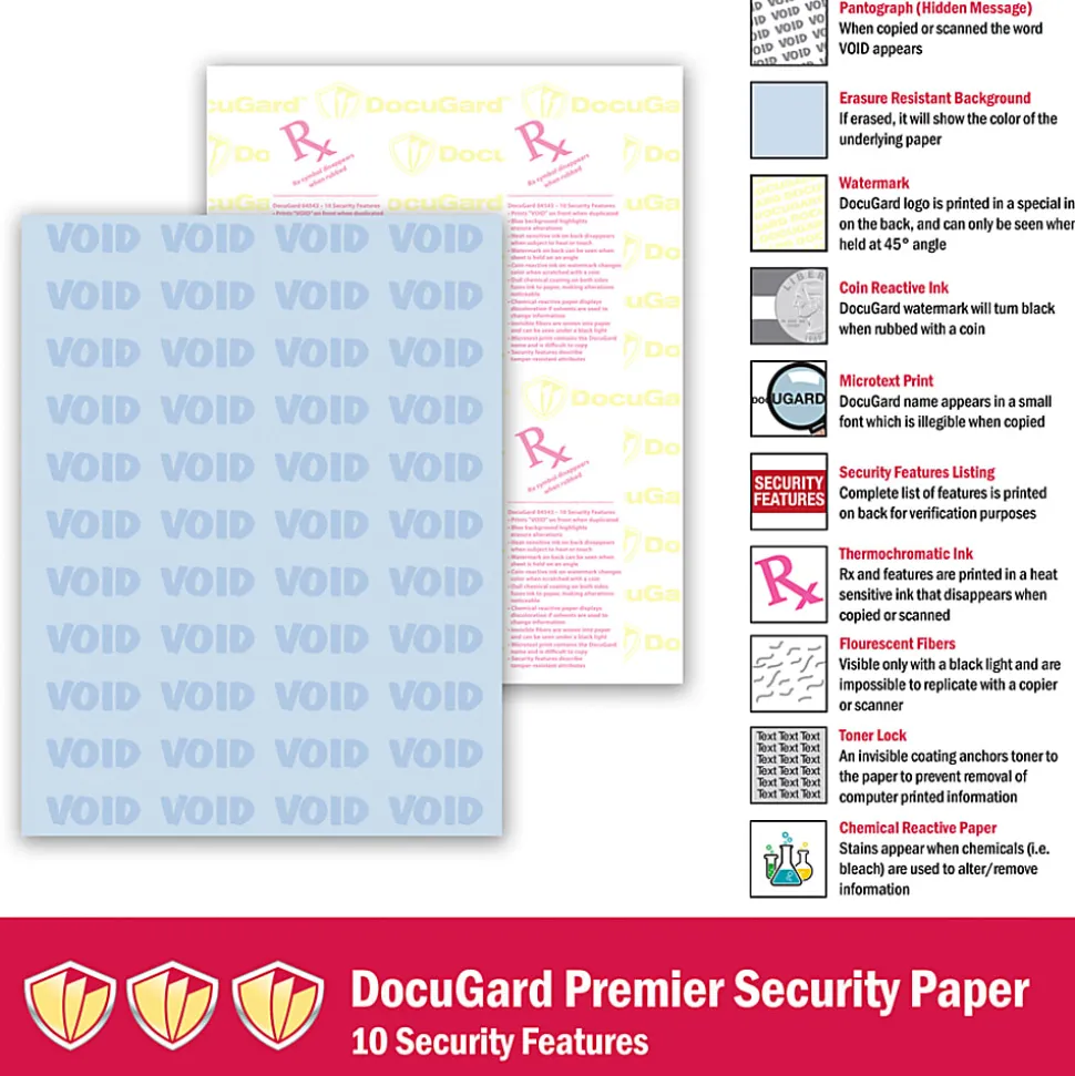 DocuGard Premier Medical 10 Medical Prescription Papers And Business Checks, Letter Size (8 1/2" x 11"), Ream Of 500 Sheets, 1-Part, Blue