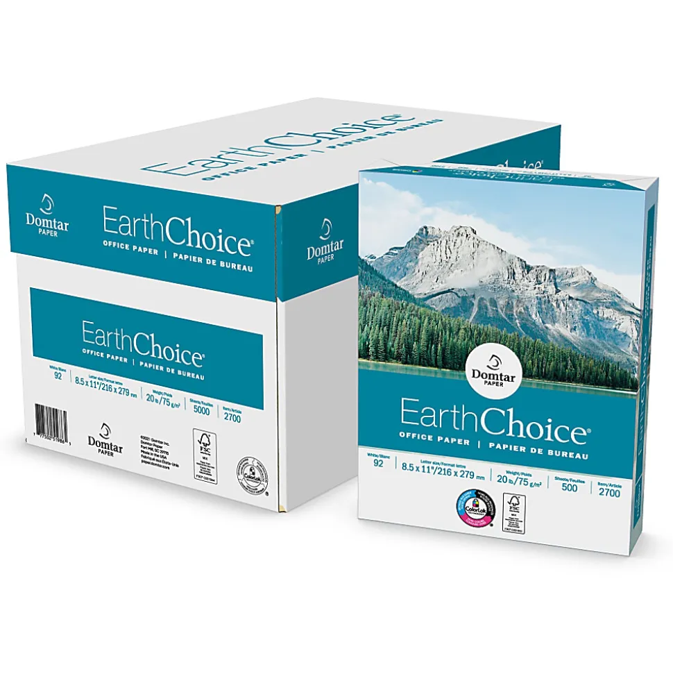 Domtar EarthChoice® Office Multi-Use Printer & Copy Paper, 10 Reams, White, Letter (8.5" x 11"), 5000 Sheets Per Case, 20 Lb, 92 Brightness