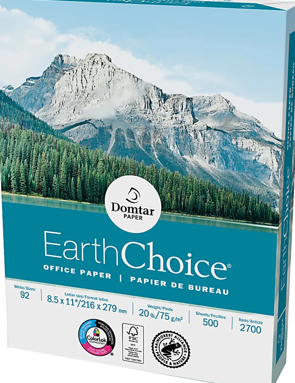 Domtar EarthChoice® Office Multi-Use Printer & Copy Paper, 10 Reams, White, Letter (8.5" x 11"), 5000 Sheets Per Case, 20 Lb, 92 Brightness