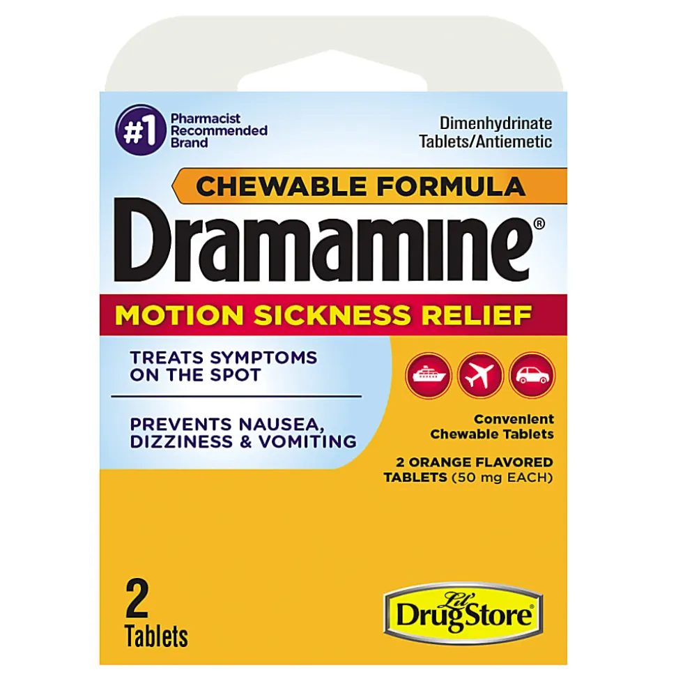 Dramamine Motion Sickness Tablets, Orange Flavor, 50mg, Pack Of 2 Tablets